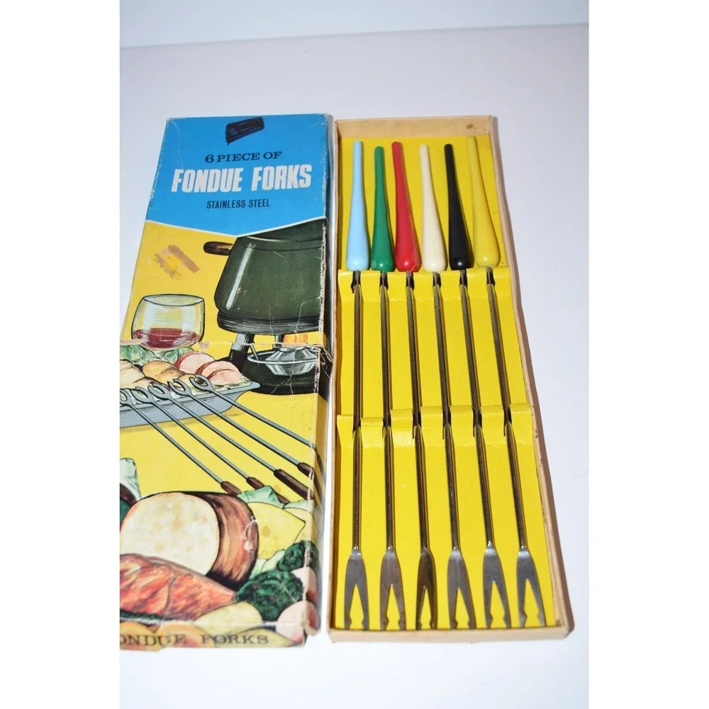 Vtg Set 6 Fondue Forks Stainless Steel‎ Colored Plastic Handles Japan MCM retro